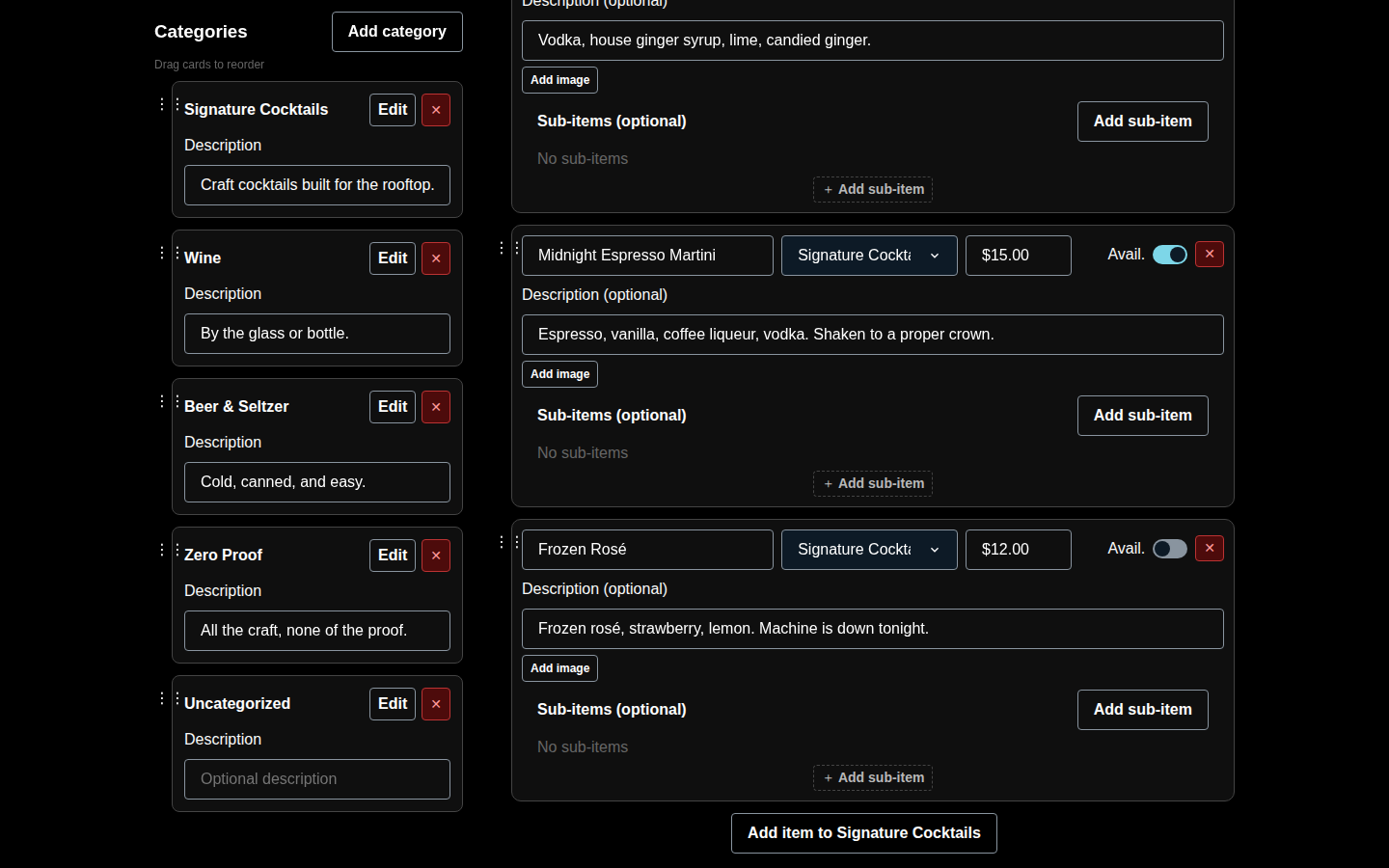 Admin view showing an item toggled unavailable