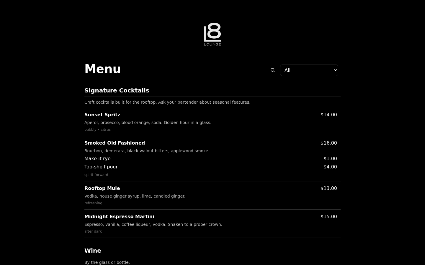 Level 8 Lounge digital menu with signature cocktails
