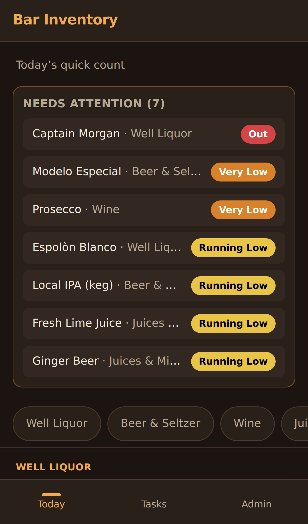 Bar inventory app dashboard showing items needing attention with par status badges